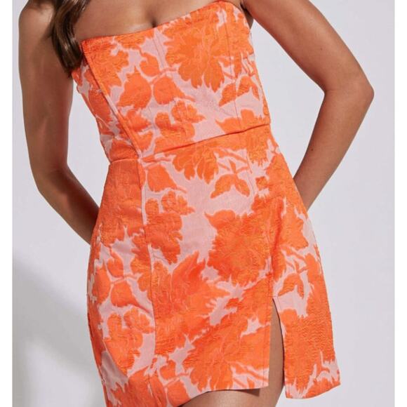 Showpo. Dresses & Skirts - Showpo Brailey Mini Dress Strapless Floral Jacquard Hoco Orange Size 10